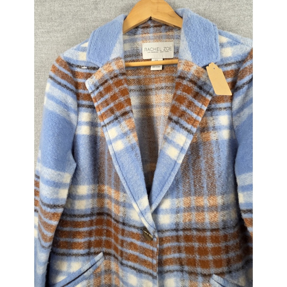 Rachel Zoe Boiled Wool Blend Retro Plaid Coat M Blue Brown Cottagecore Career